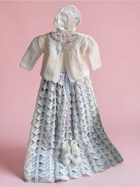 Vintage Custom Handmade Baby’s White & Sky Blue Crochet Christening Dress Set